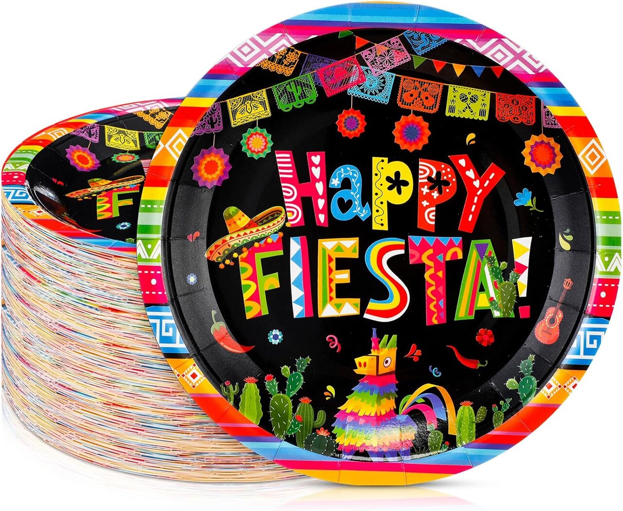 100 Pcs Mexican Paper Plates 7 Inch Disposable Fiesta Cake Dessert Plates Cinco De Mayo Party Decorations for Taco Tuesday Birthday Party Supplies(Fiesta Style)